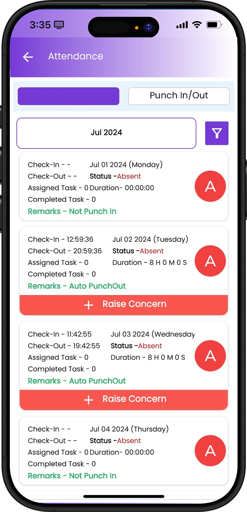 Reptile Tracko app screen: attendance